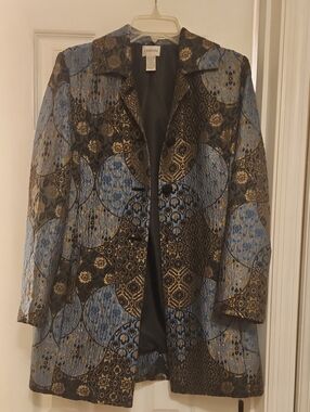 Chico's Fitted Blue and Black Patterned Long Jacket. Loose Button Included